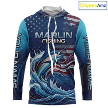 Load image into Gallery viewer, Front view of Personalized American Flag Marlin Fishing Shirt Patriotic Marlin Long Sleeve Hooded Shirt, long sleeve UPF 30+ fishing shirt with American Flag Marlin graphic and custom name on sleeves