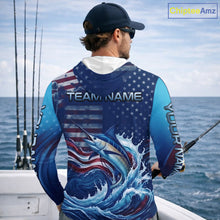 Load image into Gallery viewer, Angler wearing Personalized American Flag Marlin Fishing Shirt Patriotic Marlin Long Sleeve Hooded Shirt, breathable UPF 30+ long sleeve hooded fishing shirt on the boat