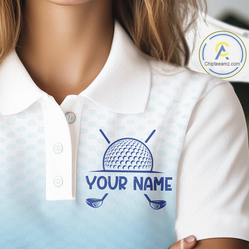 Blue White Womens Polo Golf  Shirts Custom Name Golf Shirt For Women, Golf Team Clothes NBT504