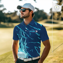 Load image into Gallery viewer, Blue flame golf balls pattern on mens golf polo shirt