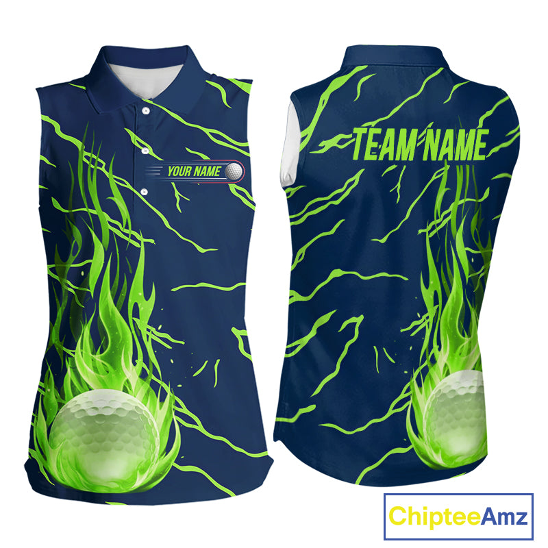 back view of green flame pattern womens sleeveless golf polo matching golf outfit