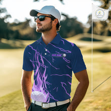 Load image into Gallery viewer, Purple flame golf balls pattern on mens golf polo shirt