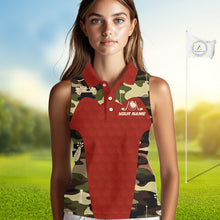 Load image into Gallery viewer, Red Camo Womens Sleeveless Golf Polo Shirts Custom Golf Outfit For Ladies, Team Golf Shirts NBT633