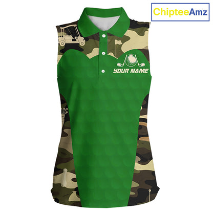 Green Camo Womens Sleeveless Golf Polo Shirts Custom Golf Outfit For Ladies, Team Golf Shirts NBT634