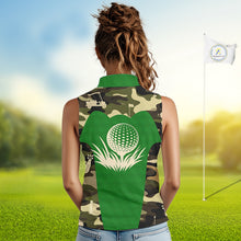Load image into Gallery viewer, Green Camo Womens Sleeveless Golf Polo Shirts Custom Golf Outfit For Ladies, Team Golf Shirts NBT634