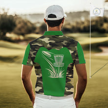 Load image into Gallery viewer, Mens Disc Golf Polo Shirt Custom Name Camo Disc Golf Basket, Personalized Disc Golf Shirts|Green NBT641