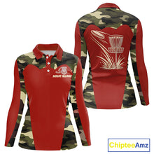 Load image into Gallery viewer, Womens Disc Golf Polo Shirt Custom Name Camo Disc Golf Basket, Personalized Disc Golf Shirts|Red NBT642