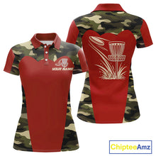 Load image into Gallery viewer, Womens Disc Golf Polo Shirt Custom Name Camo Disc Golf Basket, Personalized Disc Golf Shirts|Red NBT642