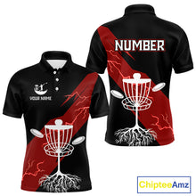 Load image into Gallery viewer, Red Mens Disc Golf Polo Shirts Custom Thunder Lightning Team Disc Golf Jerseys, Disc Golf Gifts NBT650