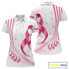 Load image into Gallery viewer, Front and back views of a womens Breast Cancer Awareness pink ribbon golf polo shirt, name text on the sleeve.