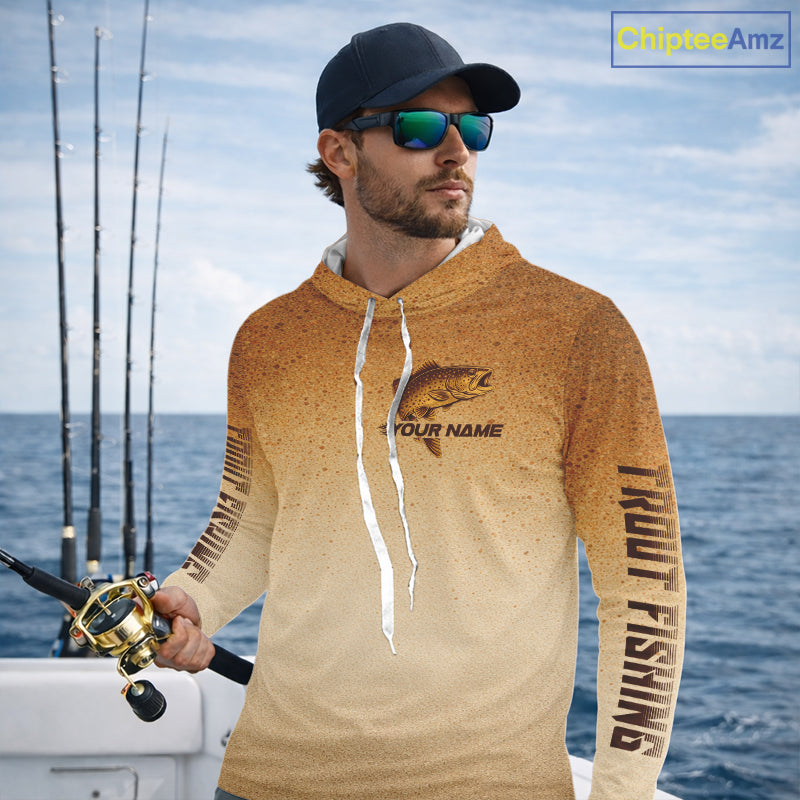 Brown Trout Fish Skin Long Sleeve Hooded Fishing Shirts Custom Name, Trout Fishing Shirts NBT402