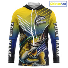 Load image into Gallery viewer, Walleye Long Sleeve Hooded Fishing Shirts Blue And Yellow Camo Custom Name, Walleye Fishing Shirts NBT439