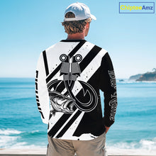 Load image into Gallery viewer, Angler wearing black and white largemouth bass long sleeve fishing shirt with custom name on sleeve