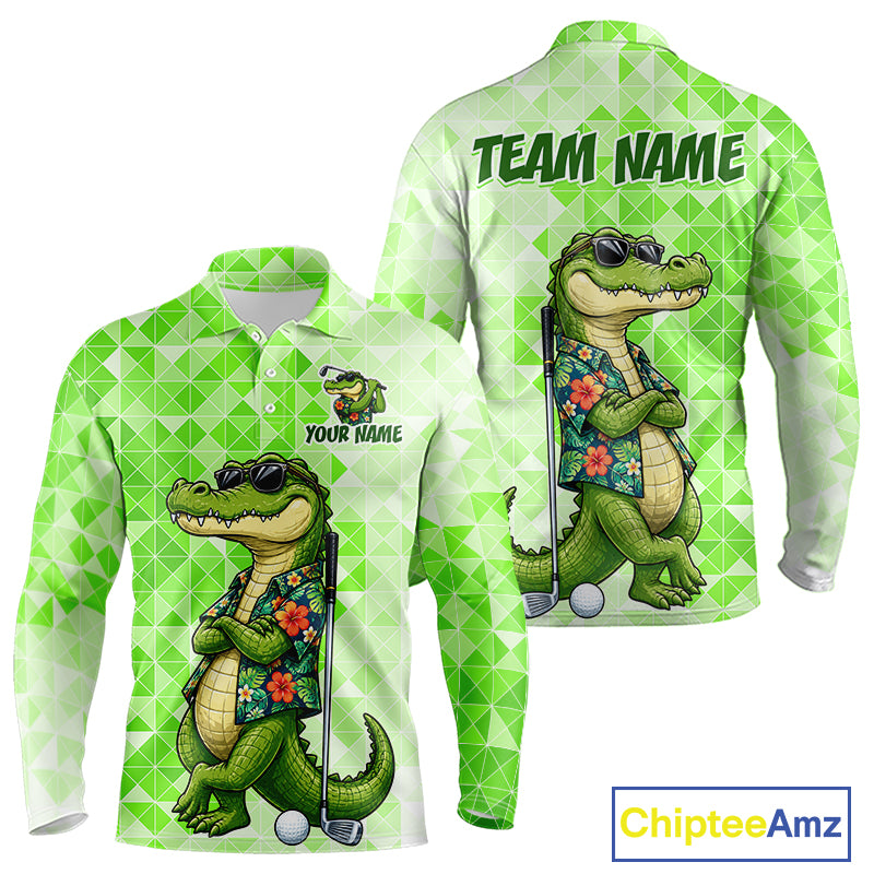 Funny Green Alligator Golf Polo Shirt Mens Custom Name Team Golf Shirts, Golf Gifts | Green NBT950