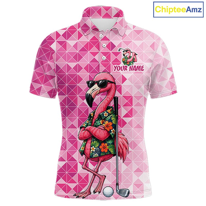 Funny Pink Flamingo Golf Polo Shirt Mens Custom Name Team Golf Shirts, Golf Gifts NBT956