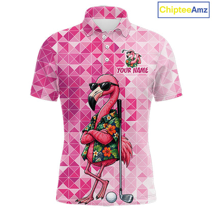 Funny Pink Flamingo Golf Polo Shirt Mens Custom Name Team Golf Shirts, Golf Gifts NBT956