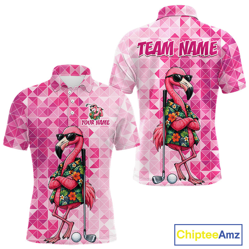 Funny Pink Flamingo Golf Polo Shirt Mens Custom Name Team Golf Shirts, Golf Gifts NBT956