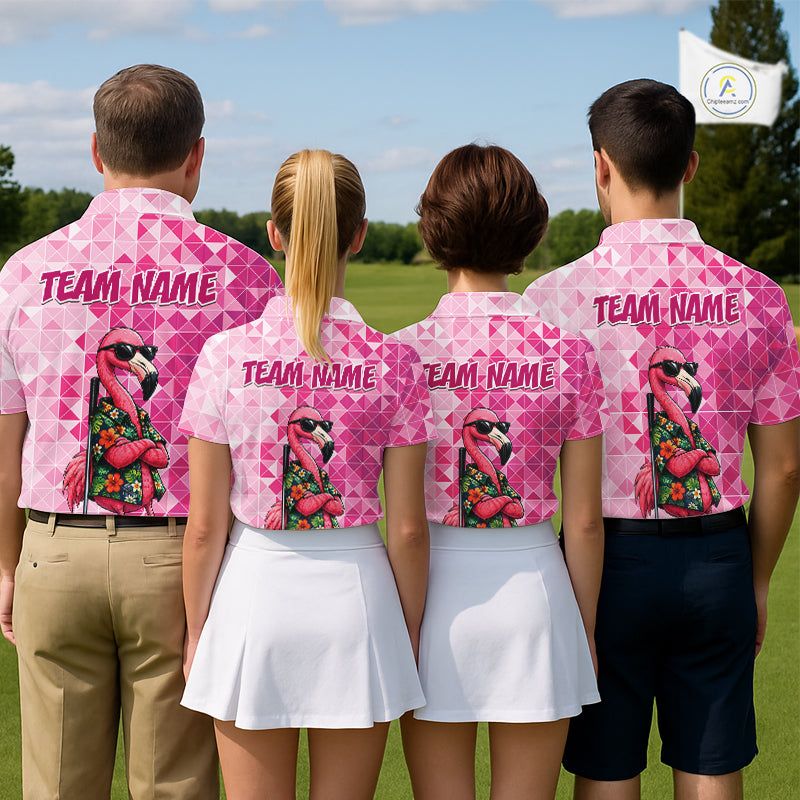 Funny Pink Flamingo Golf Polo Shirt Mens Custom Name Team Golf Shirts, Golf Gifts NBT956