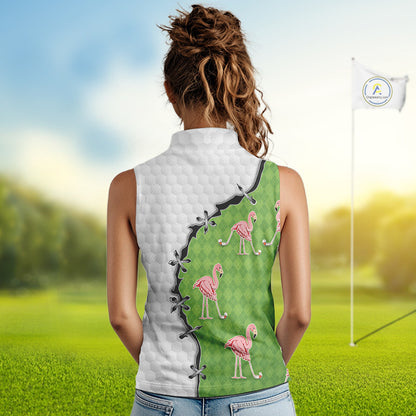 Funny Womens Sleeveless Golf Polo Shirt Green Argyle Flamingo Pattern Custom Name White Golf Shirt NBT558