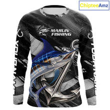 Load image into Gallery viewer, Personalized Marlin Fishing Long Sleeve Anchor Vector Custom Name Black Camo, Saltwater Fishing Shirts NBT473