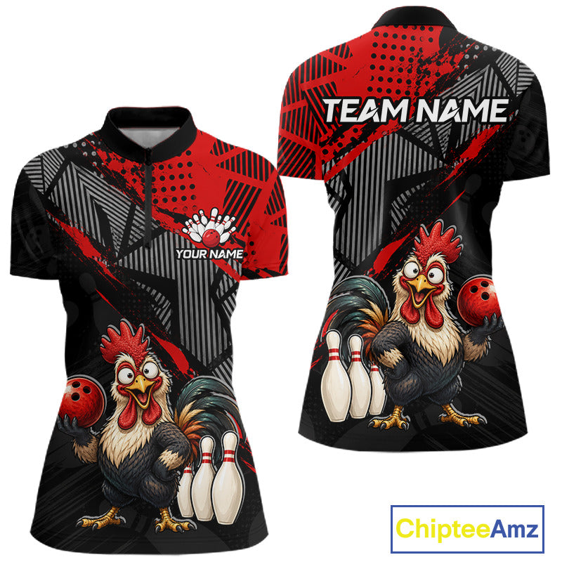Custom Red Funny Rooster Bowling Shirt For Women Bowling Jersey Polo & Quarter-Zip Bowling Outfit NBT927