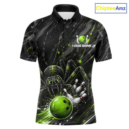 Custom Black And Green Spider Bowling Men Polo & 1/4 Quarter Zip Shirt, Bowling Team Tournament Jerseys NBT936