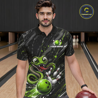 Custom Black And Green Snake Bowling Men Polo & 1/4 Quarter Zip Shirt, Bowling Team Tournament Jerseys NBT935