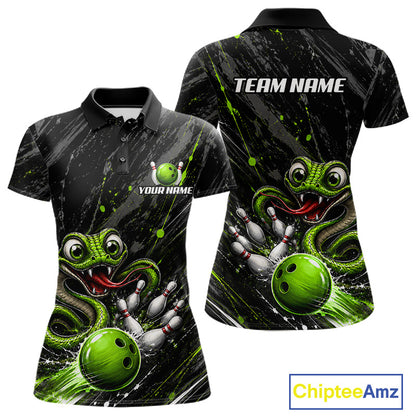 Custom Black And Green Snake Bowling Women Polo & 1/4 Quarter Zip Shirt, Bowling Team Tournament Jerseys NBT935
