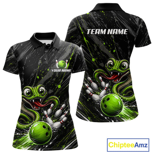 Custom Black And Green Snake Bowling Women Polo & 1/4 Quarter Zip Shirt, Bowling Team Tournament Jerseys NBT935