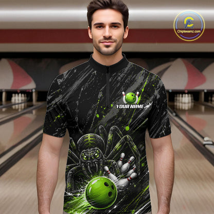 Custom Black And Green Spider Bowling Men Polo & 1/4 Quarter Zip Shirt, Bowling Team Tournament Jerseys NBT936