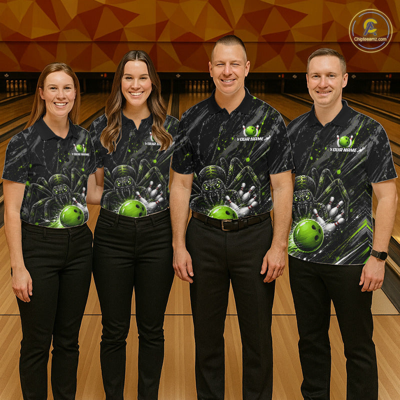Custom Black And Green Spider Bowling Men Polo & 1/4 Quarter Zip Shirt, Bowling Team Tournament Jerseys NBT936