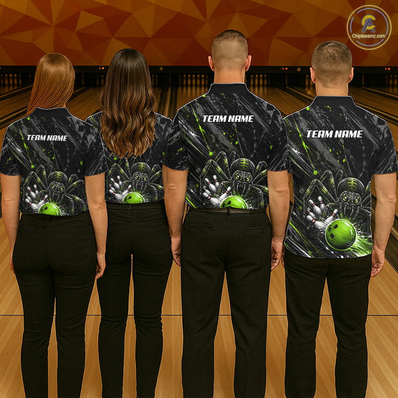 Custom Black And Green Spider Bowling Men Polo & 1/4 Quarter Zip Shirt, Bowling Team Tournament Jerseys NBT936