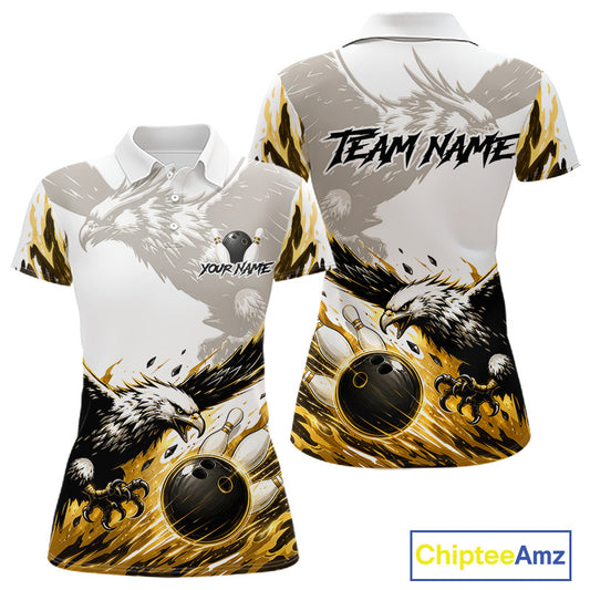 Black Gold Eagle Bowling Women Custom Name Polo & 1/4 Quarter Zip Shirt, Team Eagle Bowling League Shirts NBT938