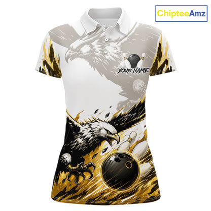 Black Gold Eagle Bowling Women Custom Name Polo & 1/4 Quarter Zip Shirt, Team Eagle Bowling League Shirts NBT938