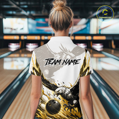 Black Gold Eagle Bowling Women Custom Name Polo & 1/4 Quarter Zip Shirt, Team Eagle Bowling League Shirts NBT938