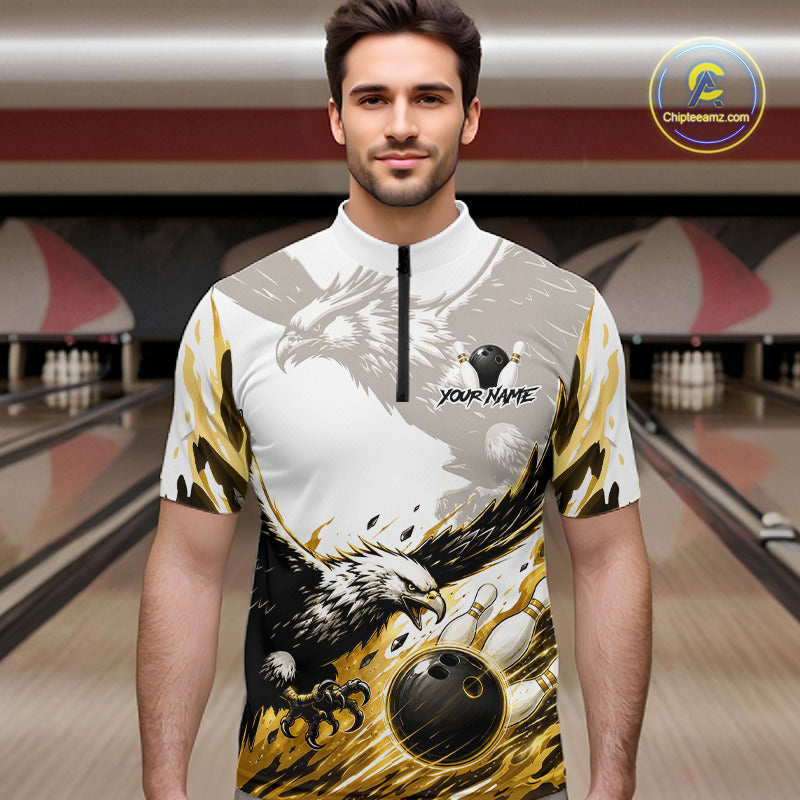 Black Gold Eagle Bowling Men Custom Name Polo & 1/4 Quarter Zip Shirt, Team Eagle Bowling League Shirts NBT938