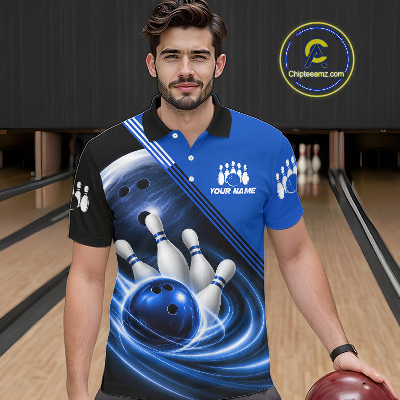 Personalized Blue Bowling Jersey Bowling Polo Shirt For Men, Team Bowling League Shirts NBT943
