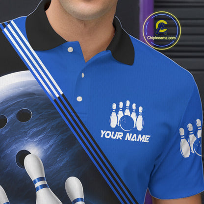 Personalized Blue Bowling Jersey Bowling Polo Shirt For Men, Team Bowling League Shirts NBT943