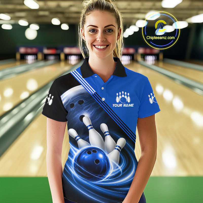 Personalized Blue Bowling Jersey Bowling Polo Shirt For Women, Team Bowling League Shirts NBT943