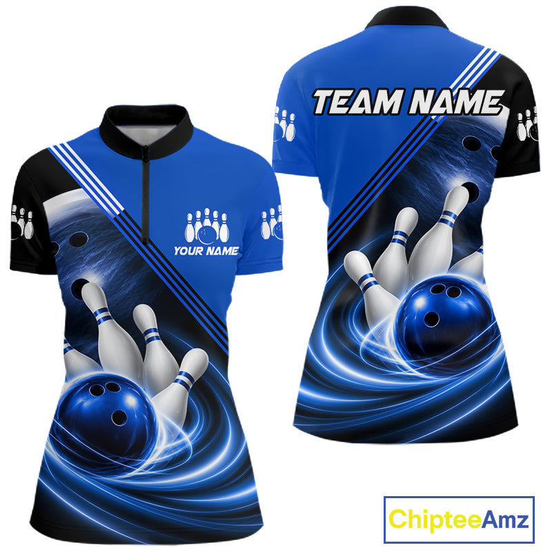 Personalized Blue Bowling Jersey Bowling Polo Shirt For Women, Team Bowling League Shirts NBT943