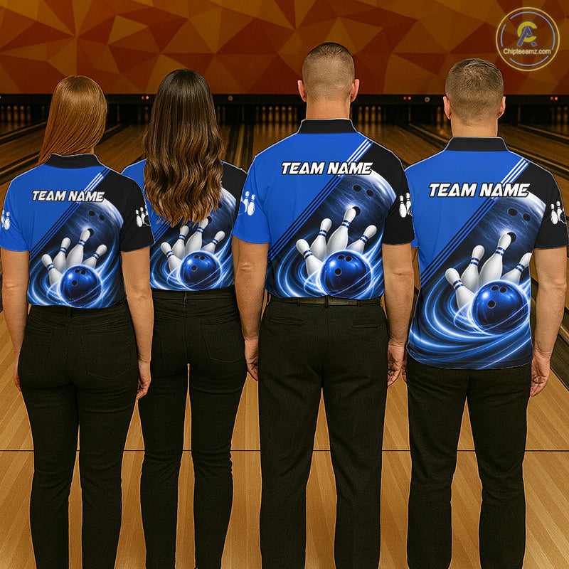 Personalized Blue Bowling Jersey Bowling Polo Shirt For Women, Team Bowling League Shirts NBT943