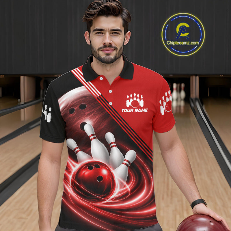 Personalized Red Bowling Jersey Bowling Polo Shirt For Men, Team Bowling League Shirts NBT944