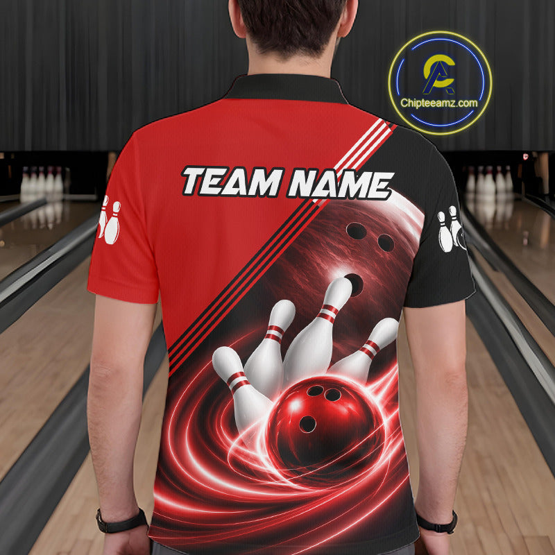 Personalized Red Bowling Jersey Bowling Polo Shirt For Men, Team Bowling League Shirts NBT944