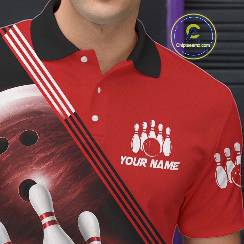 Personalized Red Bowling Jersey Bowling Polo Shirt For Men, Team Bowling League Shirts NBT944