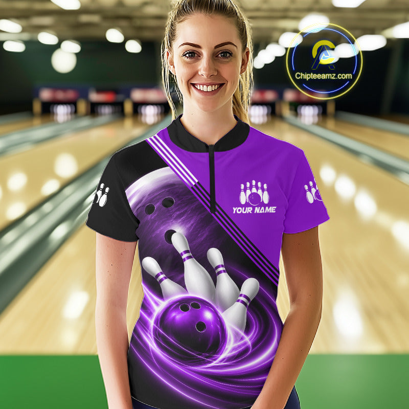Personalized Purple Bowling Jersey Bowling Polo Shirt For Women, Team Bowling League Shirts NBT945