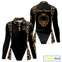 Load image into Gallery viewer, Womens Golf Polo Shirts Brown Leopard Pattern Black Golf Shirt Custom Name Golf Wear For Ladies NBT560