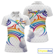 Load image into Gallery viewer, Rainbow Color Womens Golf Polo Shirts Golf Ball Pattern Custom Name, White Golf Shirt For Ladies NBT545