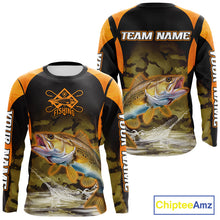 Load image into Gallery viewer, Personalized Walleye Long Sleeve Fishing Shirts Orange Camouflage, Walleye Fishing Shirts NBT395