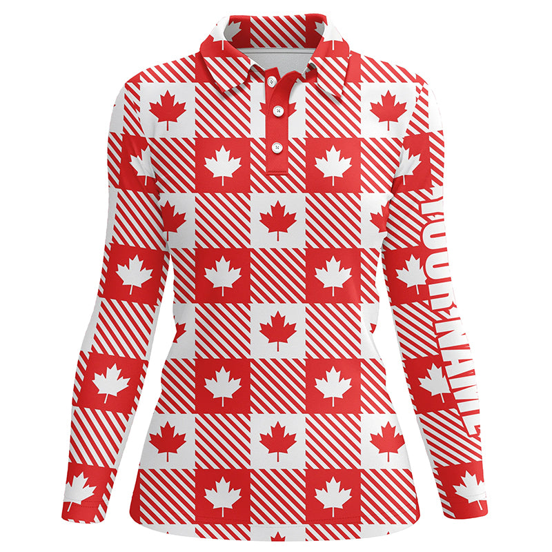 Maple Leaves On Red White Plaid Canadian Golf Polo Shirts Patriotic Golf Shirts For Women LDT0477