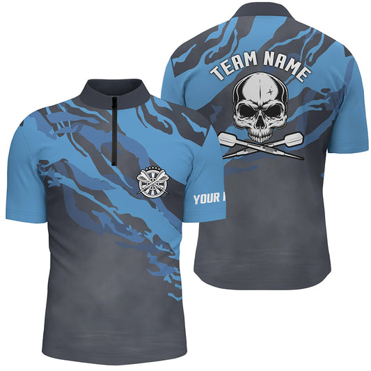 Personalized Blue Skull Darts Quarter Zip Shirt Custom Darts Shirt For Men Dart Jerseys LDT1067
